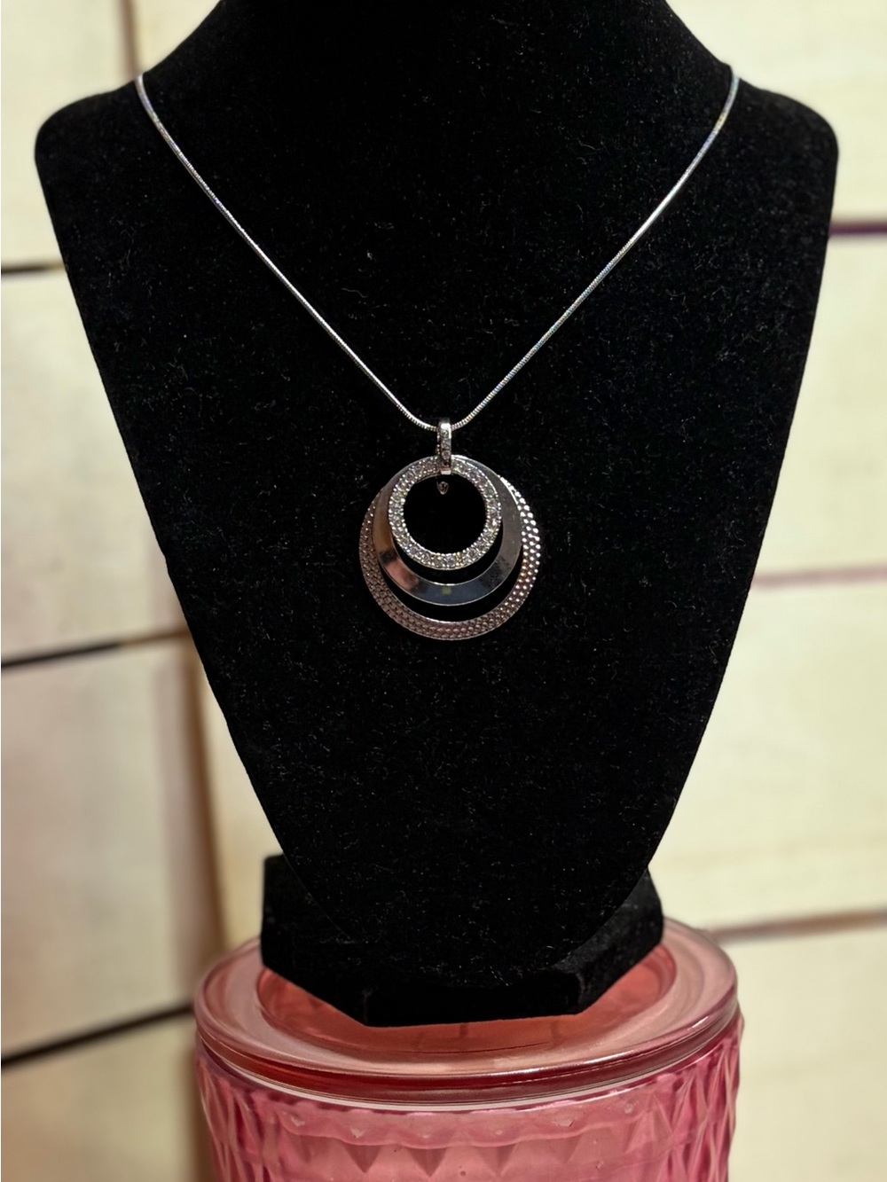 Silver Tone Triple Circle Pendant Necklace -Rhinestone Accents